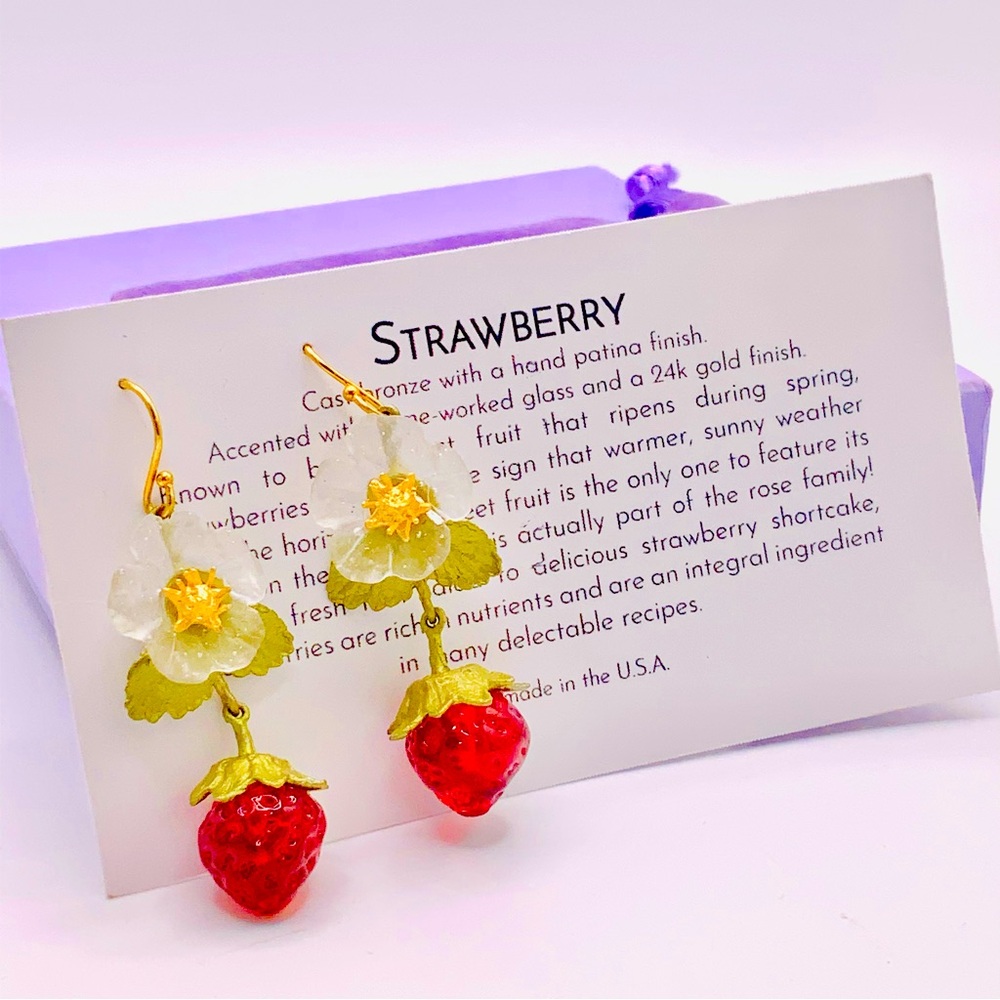Michael Michaud Strawberry Drop Earrings – Red & Green Floral Design